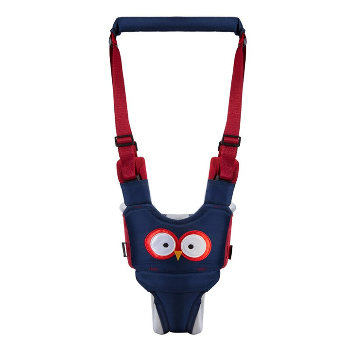 Blue walking harness with red adjustable straps and a padded top handle