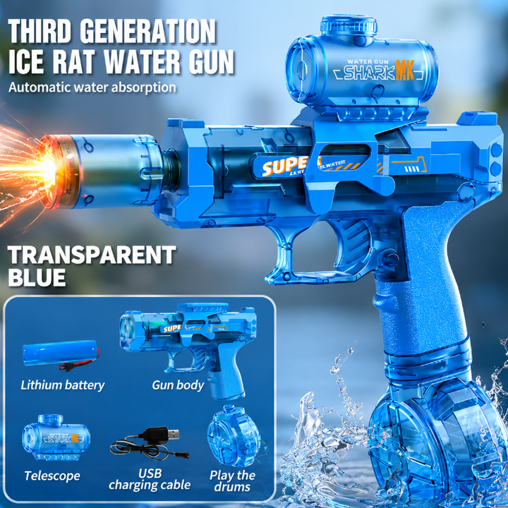 Blue water blaster with an inset showing its rechargeable battery and accessories