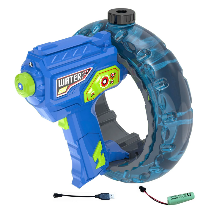 Blue water blaster with a translucent blue reservoir, rechargeable battery and USB charging cable