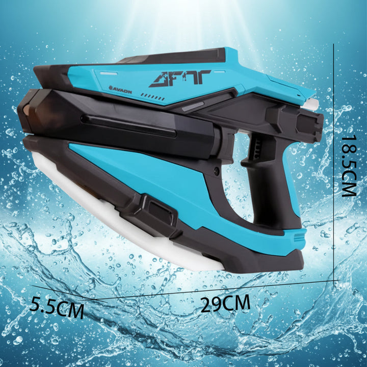 Blue water blaster dimension graphic showing 29 cm length, 5.5 cm width, and 18.5 cm height