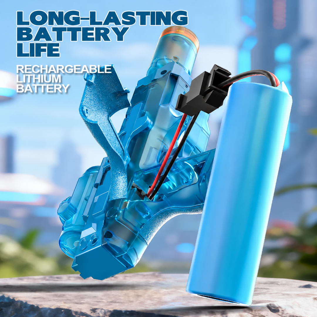 Blue water blaster with its rechargeable battery and open battery compartment
