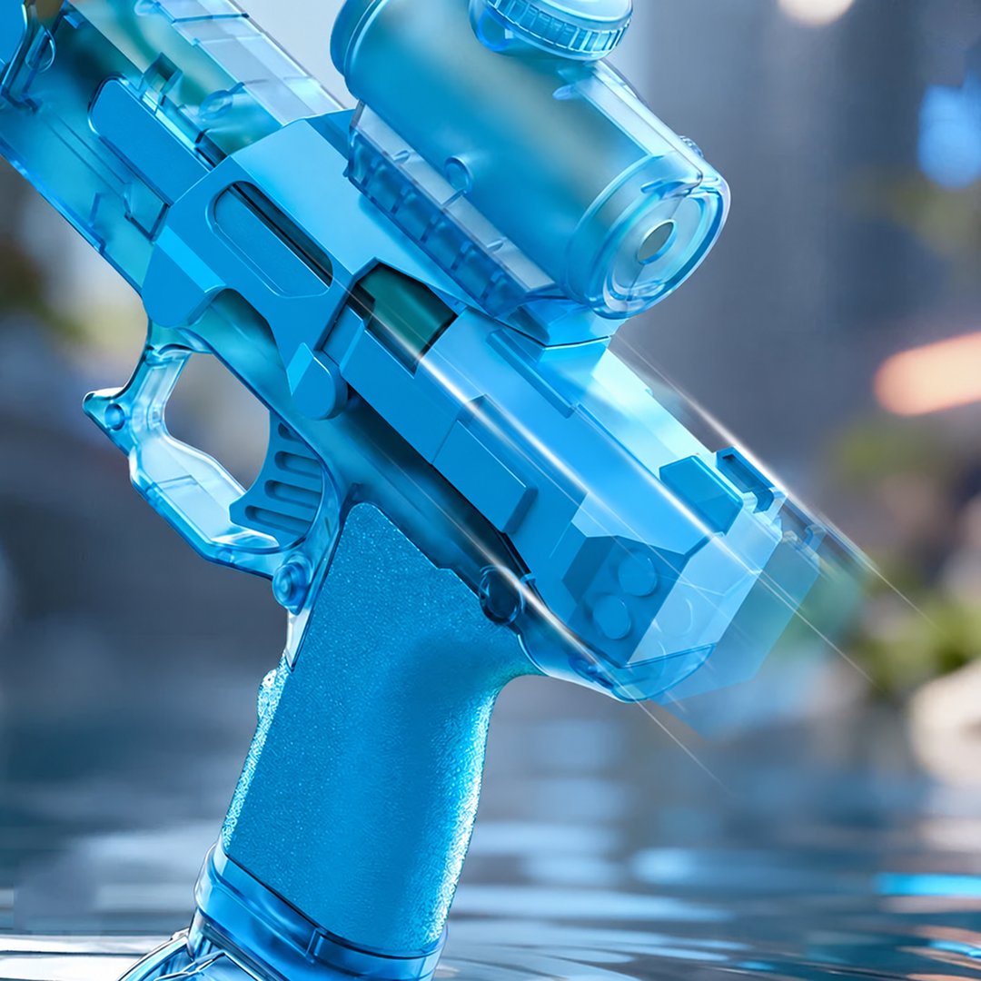Close-up of the blue water blaster&