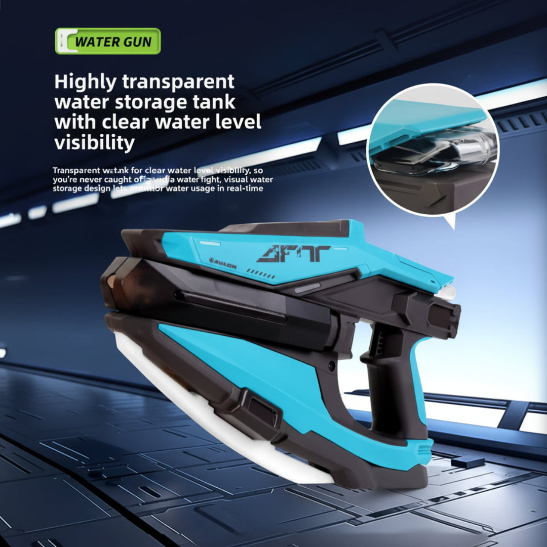 Blue water blaster with a close-up of its transparent water tank