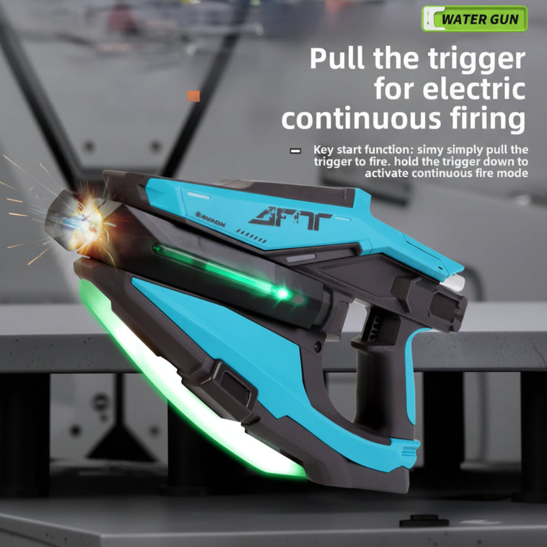 Blue automatic water blaster with a graphic explaining trigger-activated continuous spraying