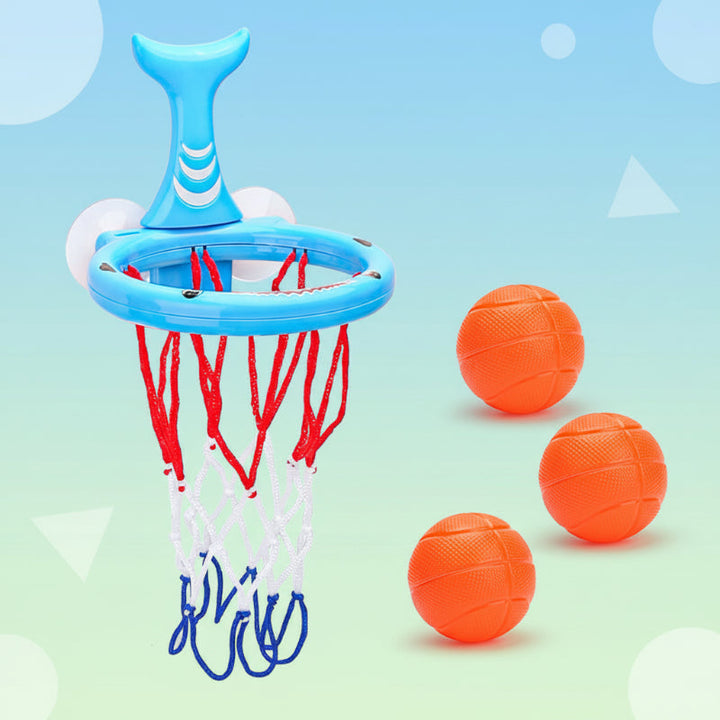 Blue whale bath basketball hoop with three orange mini balls