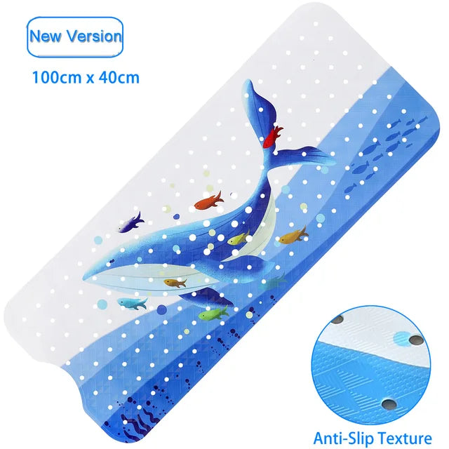 Blue whale bath mat with small holes, a curved end cutout, and a surface texture inset