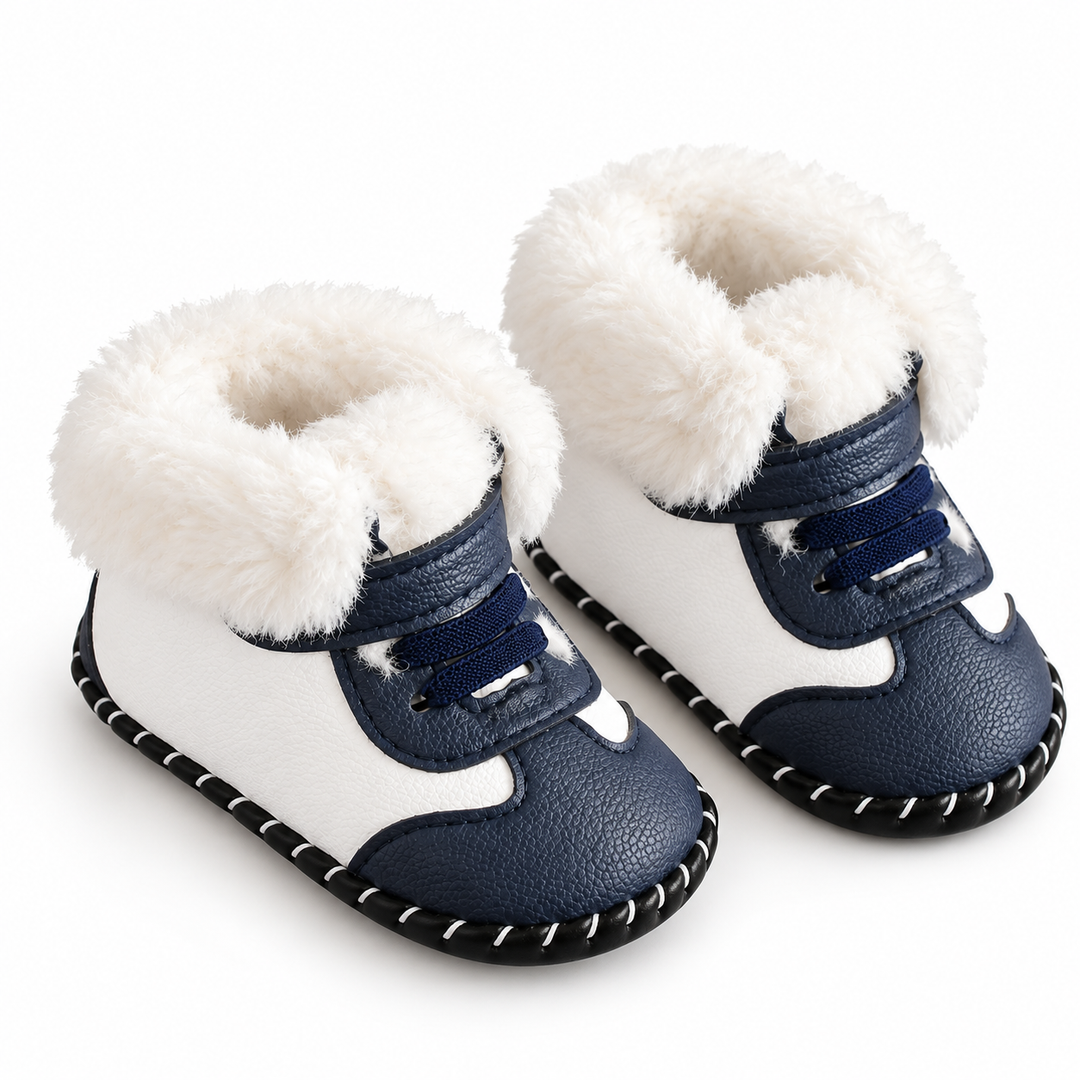 Blue and white baby winter boots with fluffy cuffs and stitched black soles