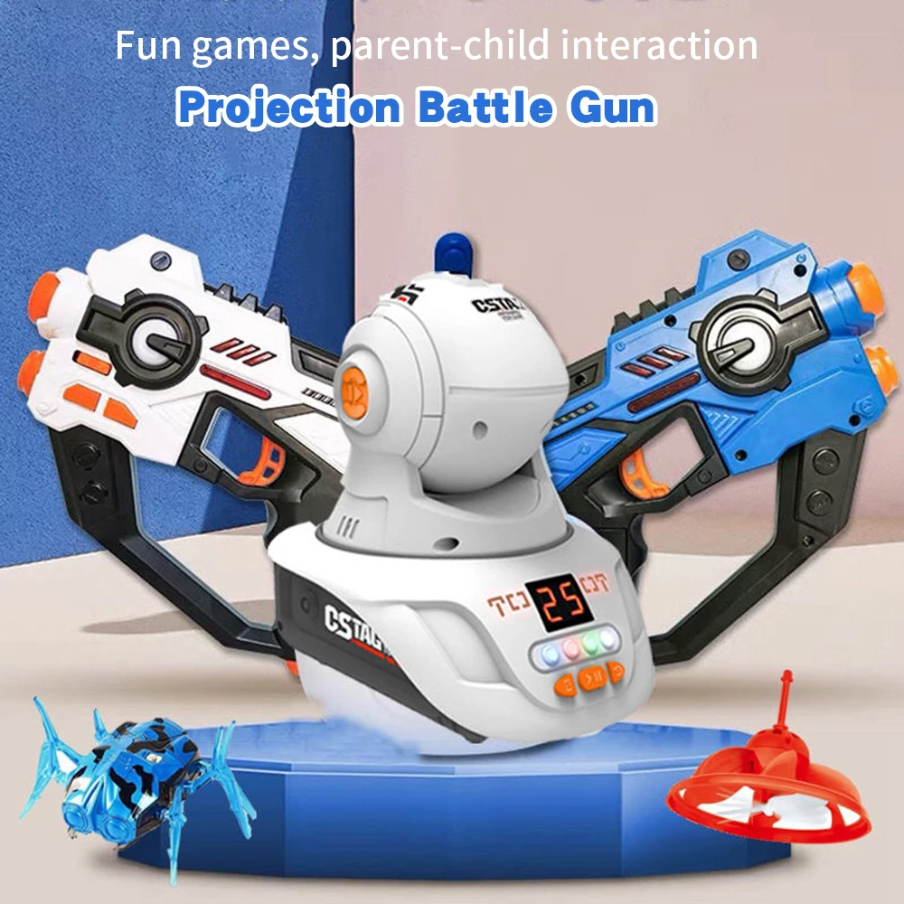 White and blue laser tag blasters displayed with a tabletop projection unit.