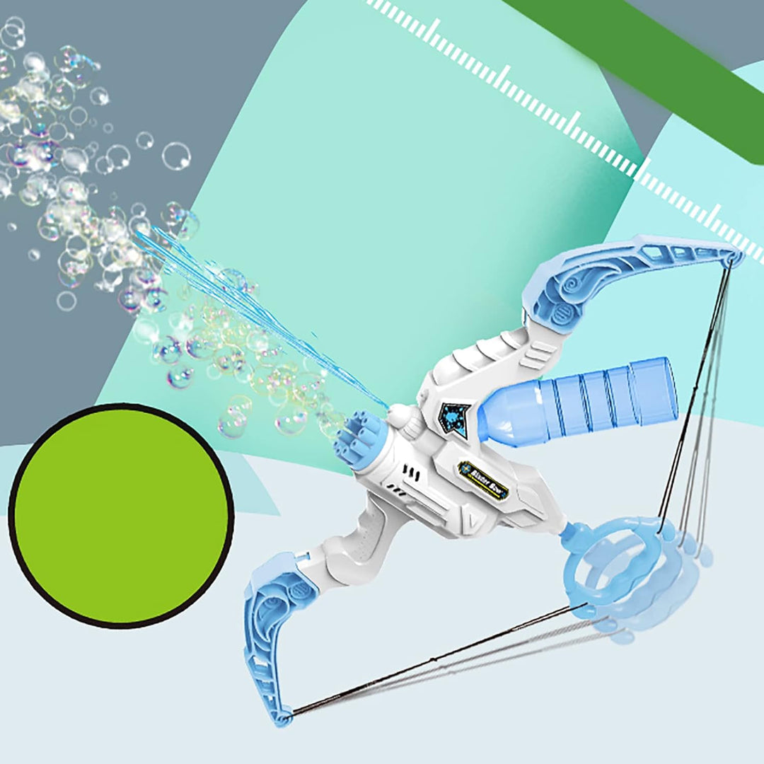 Blue-and-white bow-shaped water gun shown with a stream of water and bubbles