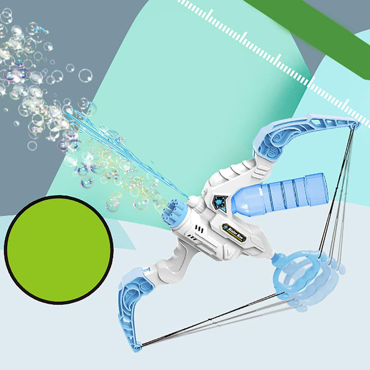 Blue-and-white bow-shaped water gun shown with a stream of water and bubbles