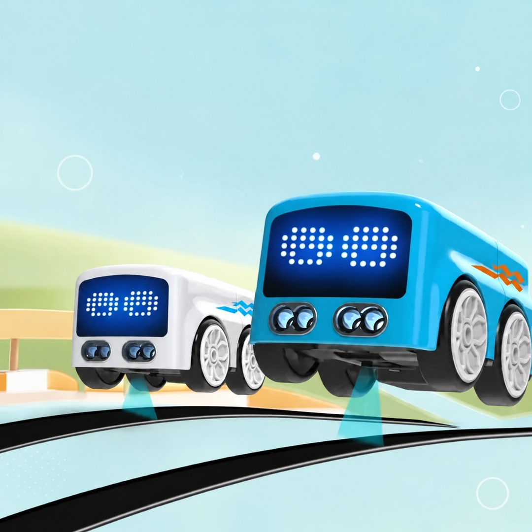 Illustrated blue and white mini buses above a curved track