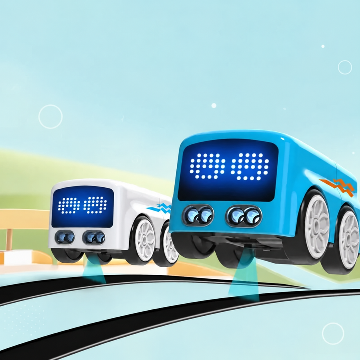 Illustrated blue and white mini buses above a curved track