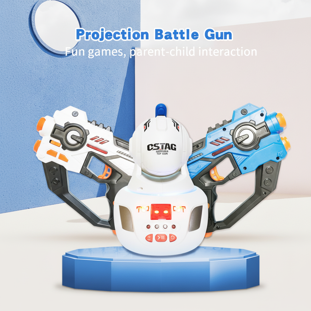 White and blue laser tag blasters arranged behind a white tabletop projector.