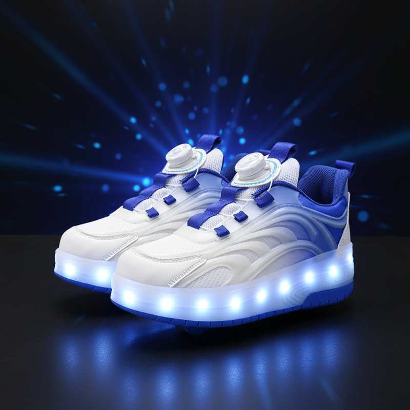 Pair of blue-and-white roller sneakers with dial closures and bright LED soles