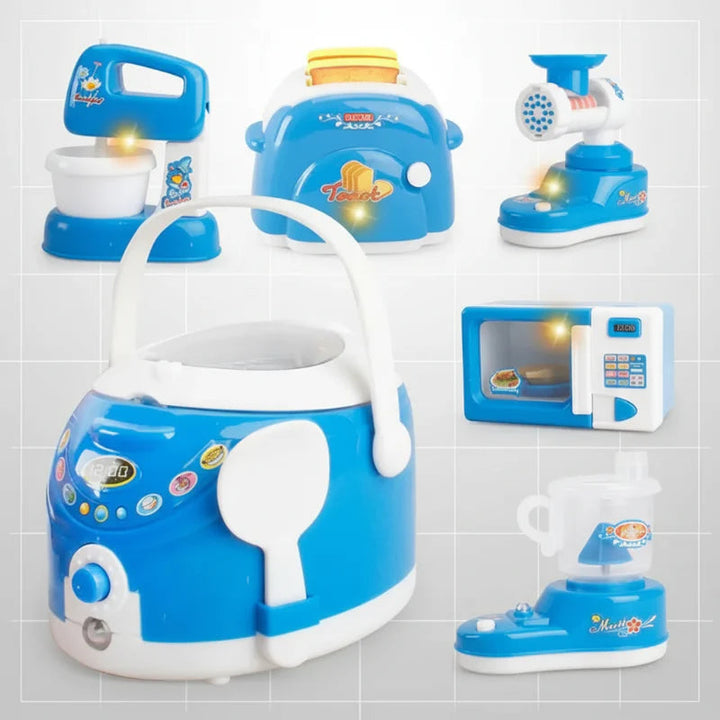 Blue and white toy kitchen appliances including a rice cooker, mixer, toaster, grinder, microwave, and iron