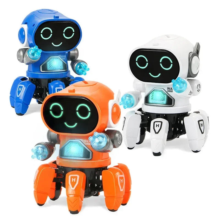 Blue, white, and orange smiling toy robots with glowing hand and chest details