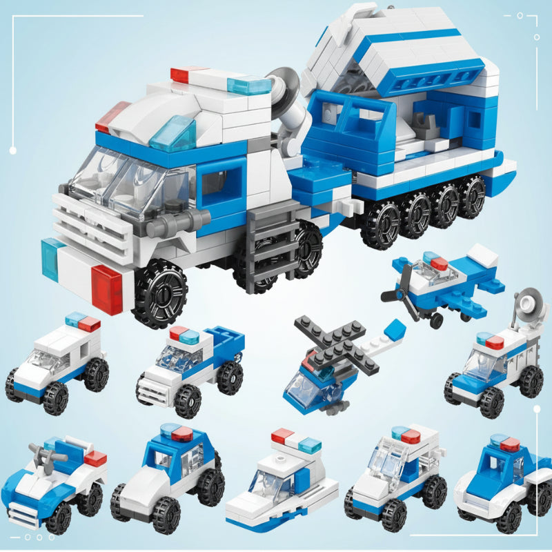 Blue and white police truck block model with smaller police vehicle builds