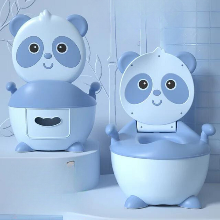 Blue and white panda potty chairs with the seat lid open and closed