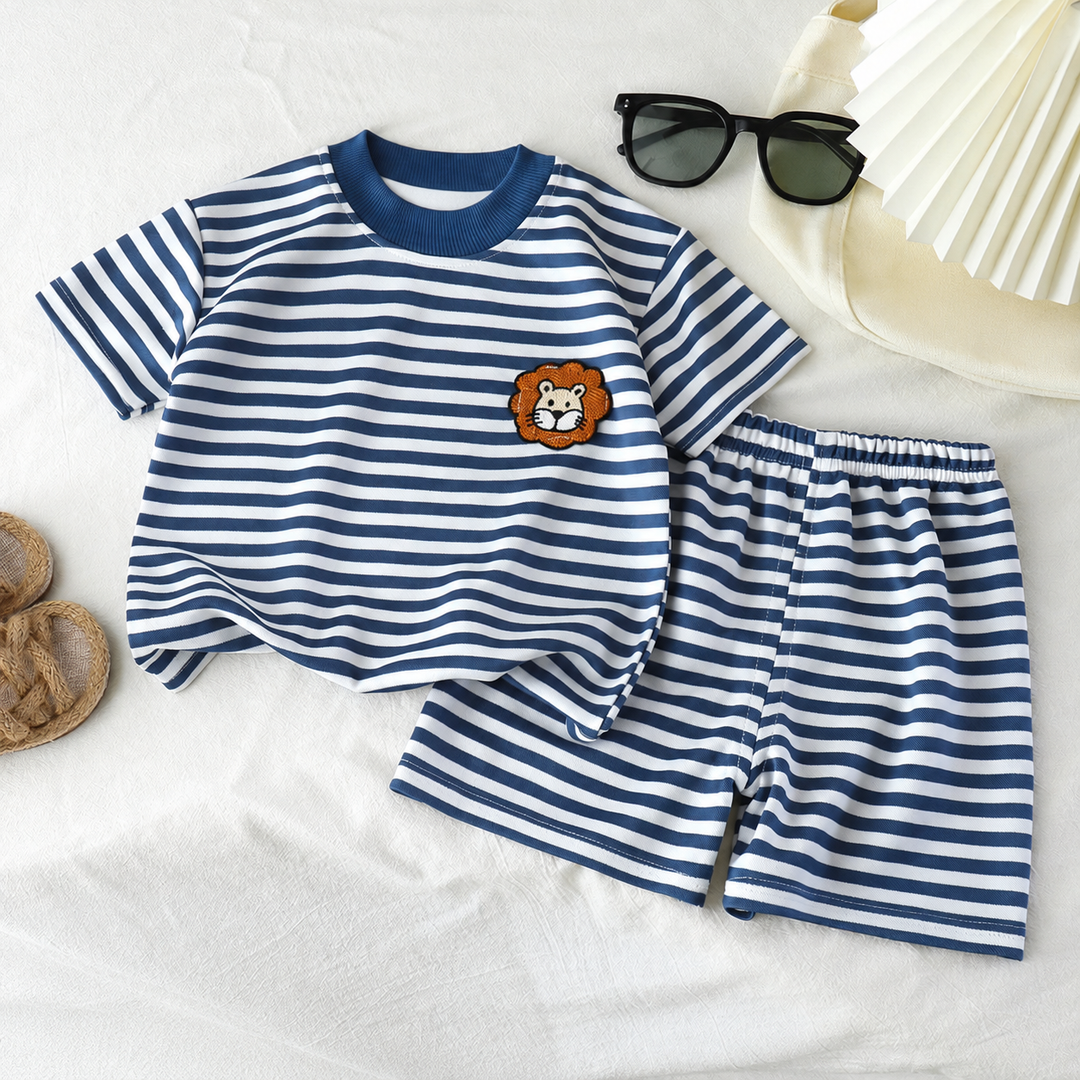 Blue-and-white striped T-shirt with a lion chest patch and matching elastic-waist shorts.