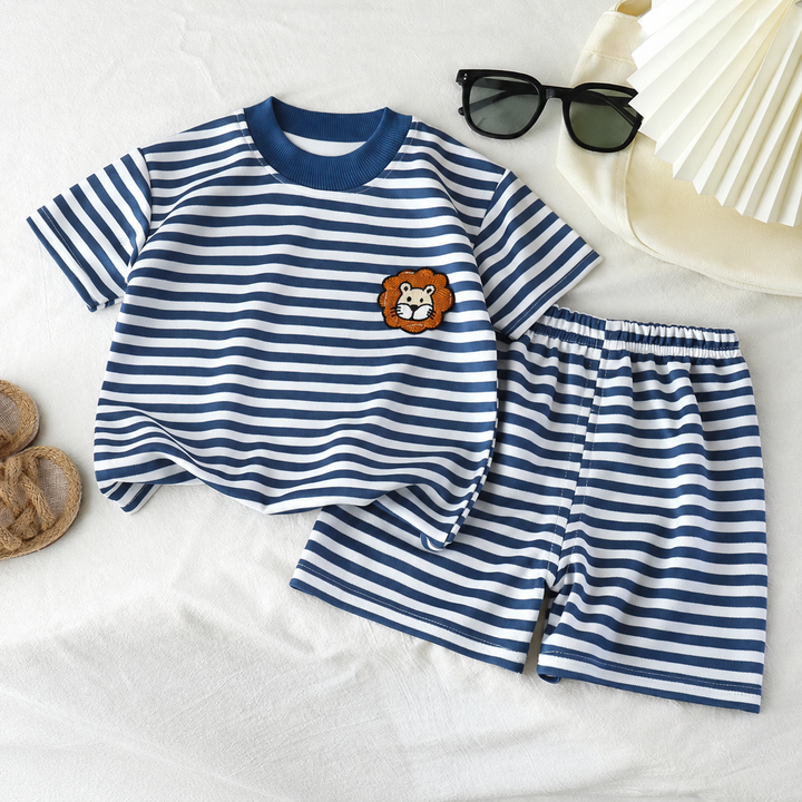 Blue-and-white striped T-shirt with a lion chest patch and matching elastic-waist shorts.