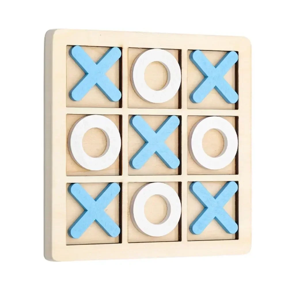 Wooden tic-tac-toe board with blue Xs and white Os