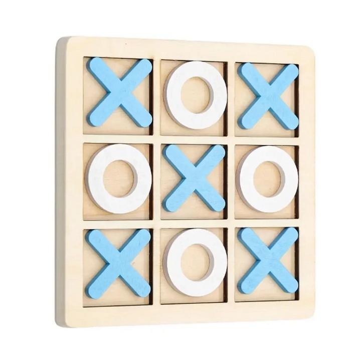 Wooden tic-tac-toe board with blue Xs and white Os