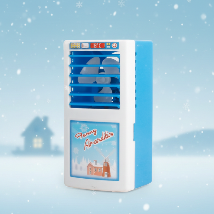 Blue and white toy air conditioner with front vents and a top display