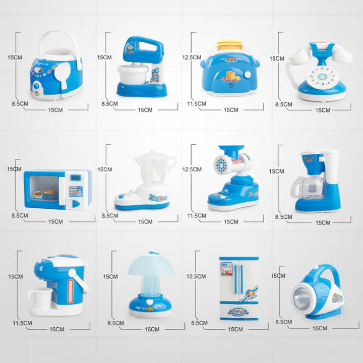 Dimension chart for blue and white toy household appliances