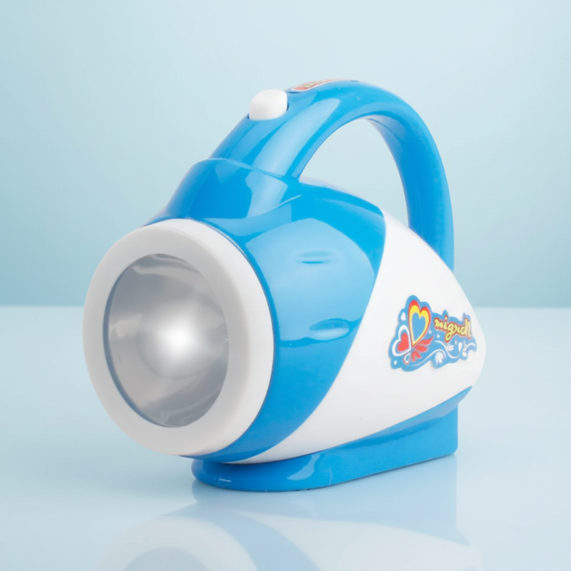 Blue and white toy flashlight with a top handle and large front lens
