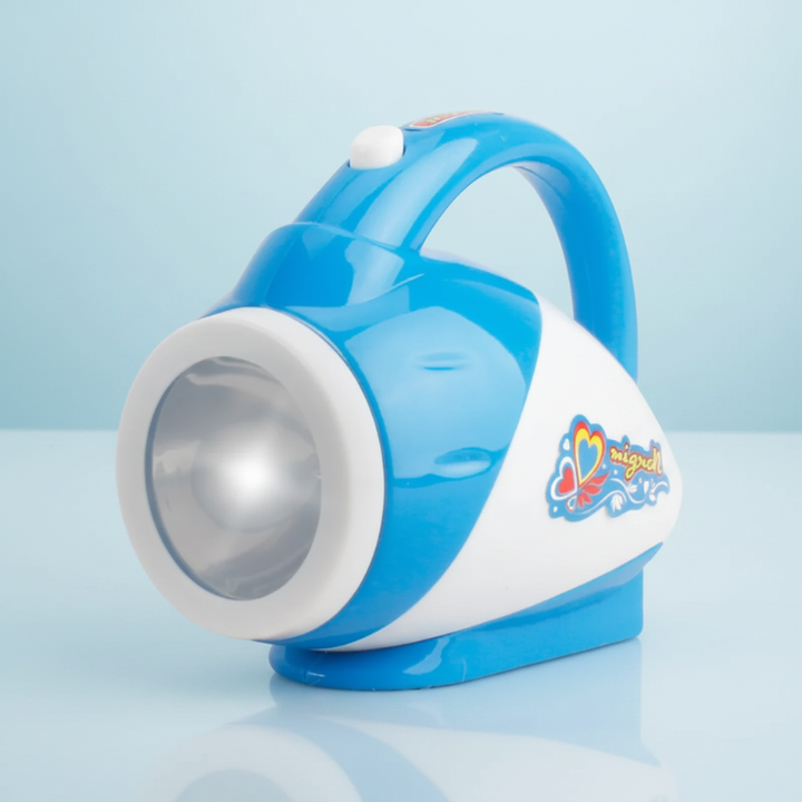 Blue and white toy flashlight with a top handle and large front lens