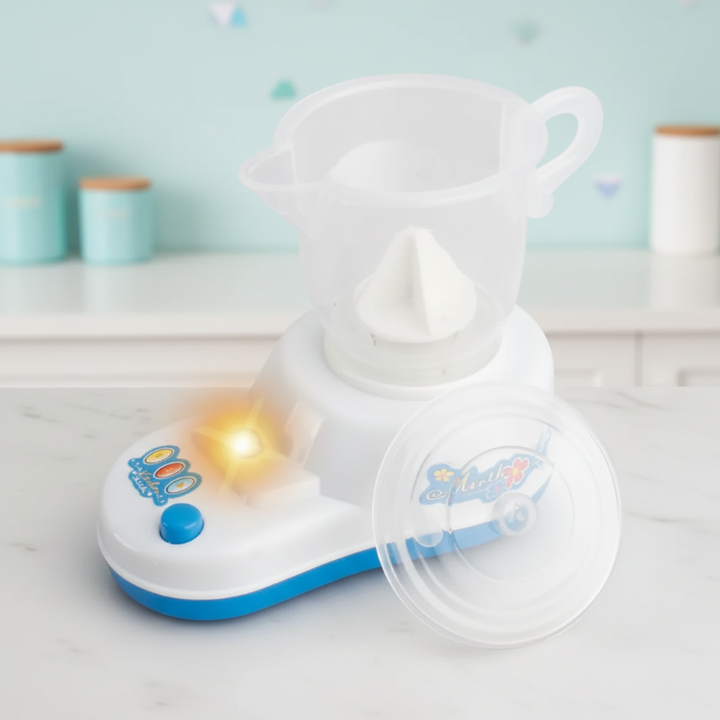 Blue and white toy juicer with a citrus cone and clear lid beside it