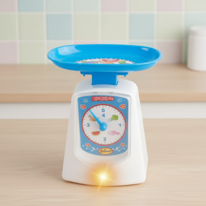 Blue and white toy kitchen scale with a round dial, top tray, and front light