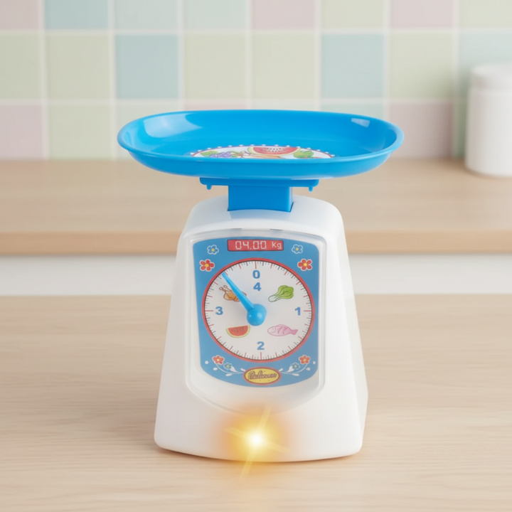 Blue and white toy kitchen scale with a round dial, top tray, and front light