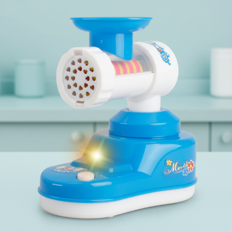 Blue and white toy meat grinder with a top hopper and light on the base