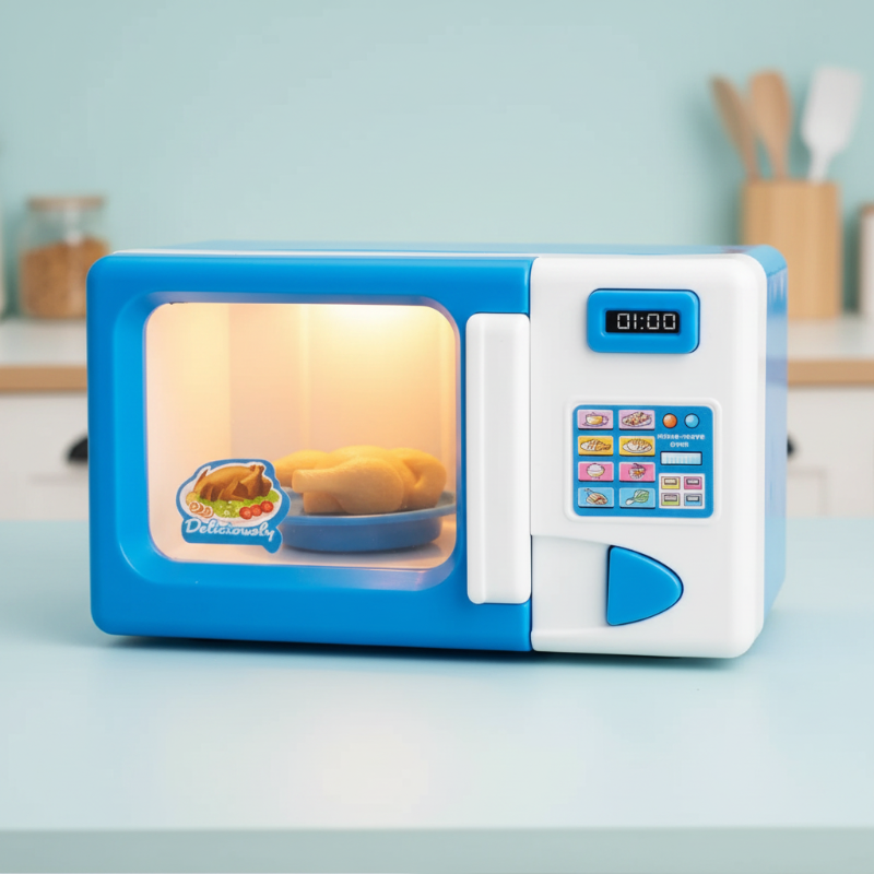 Blue and white toy microwave with a keypad, front window, and pretend food inside