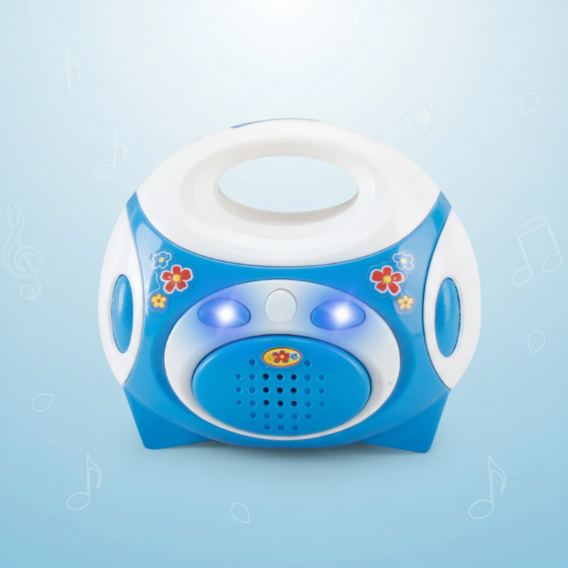Blue and white toy radio with a carry handle and illuminated front buttons