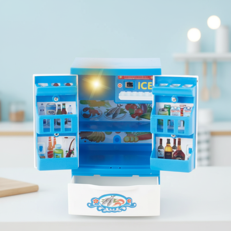 Blue and white toy refrigerator with open doors and a lower storage drawer