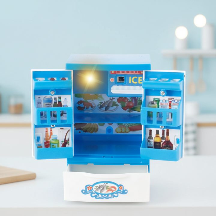Blue and white toy refrigerator with open doors and a lower storage drawer