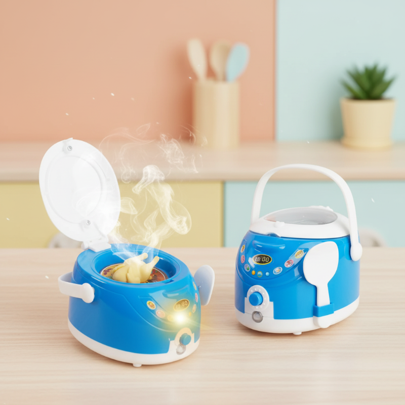 Blue and white toy rice cooker shown with the lid open and closed