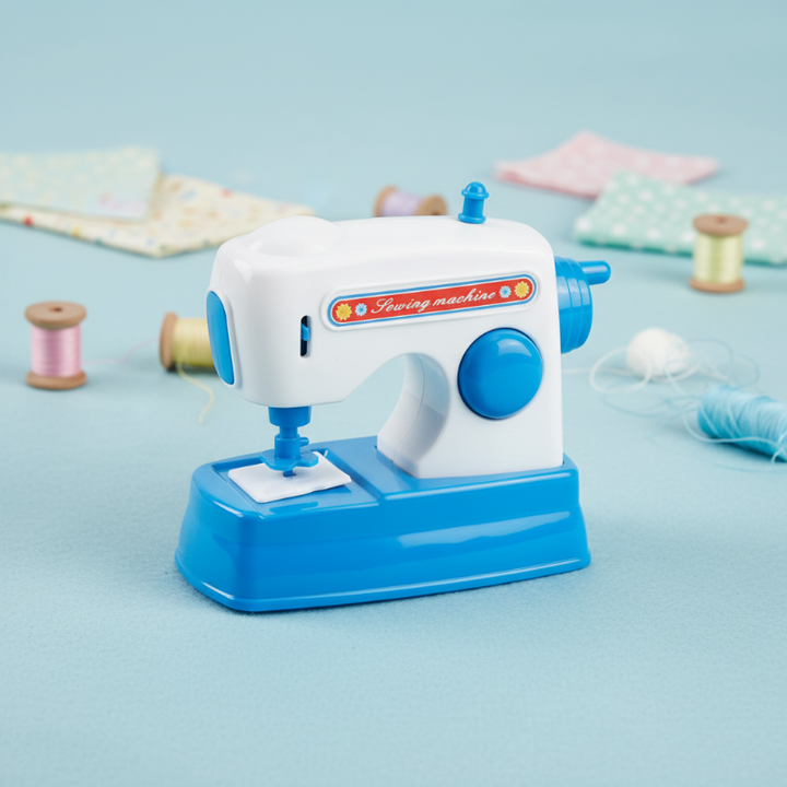 Blue and white toy sewing machine with a large side dial and needle area