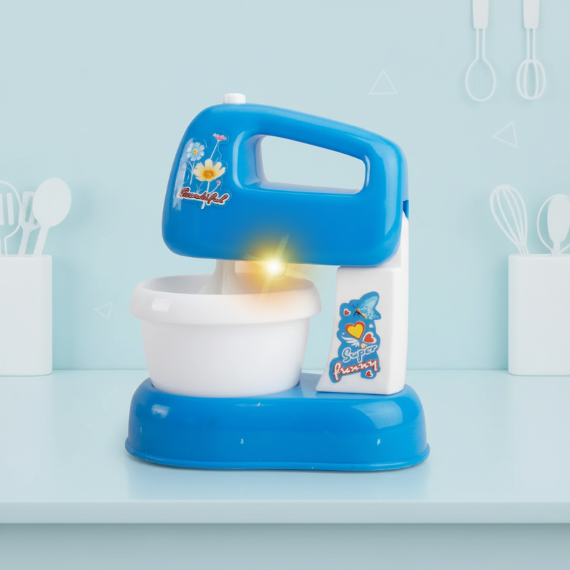 Blue and white toy stand mixer with a bowl and light above the mixing area