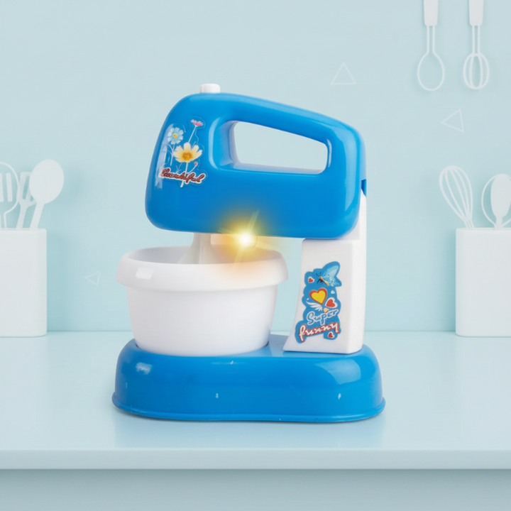 Blue and white toy stand mixer with a bowl and light above the mixing area