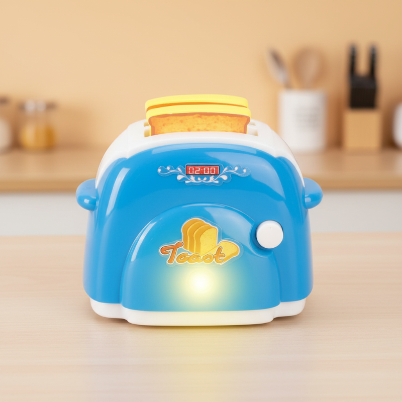 Blue and white toy toaster with a pretend bread slice and front light