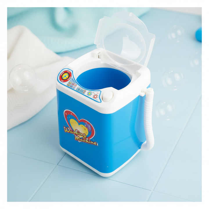 Blue and white toy washing machine with an open top lid and side hose
