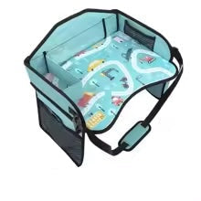 Blue travel tray with a winding-road print, raised sides and a mesh storage pocket