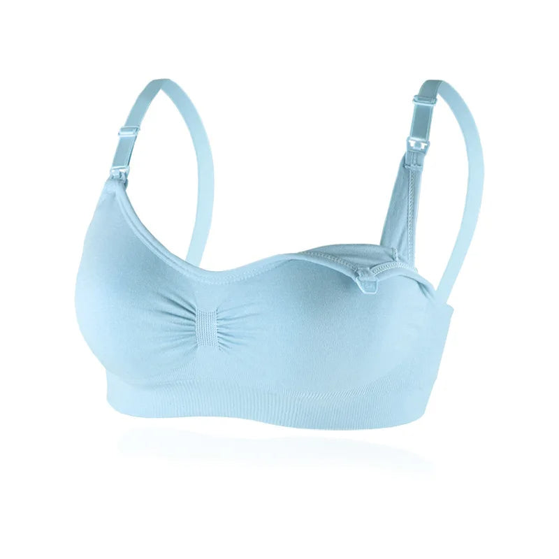 Blue nursing bra with adjustable straps, front nursing clips, and a gathered center.