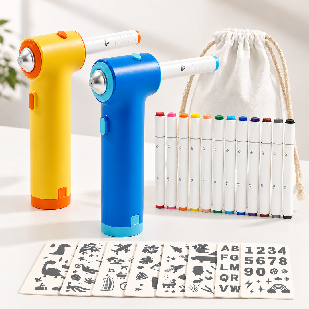 Blue and yellow airbrush tools with colored markers, stencil sheets, and a drawstring storage bag