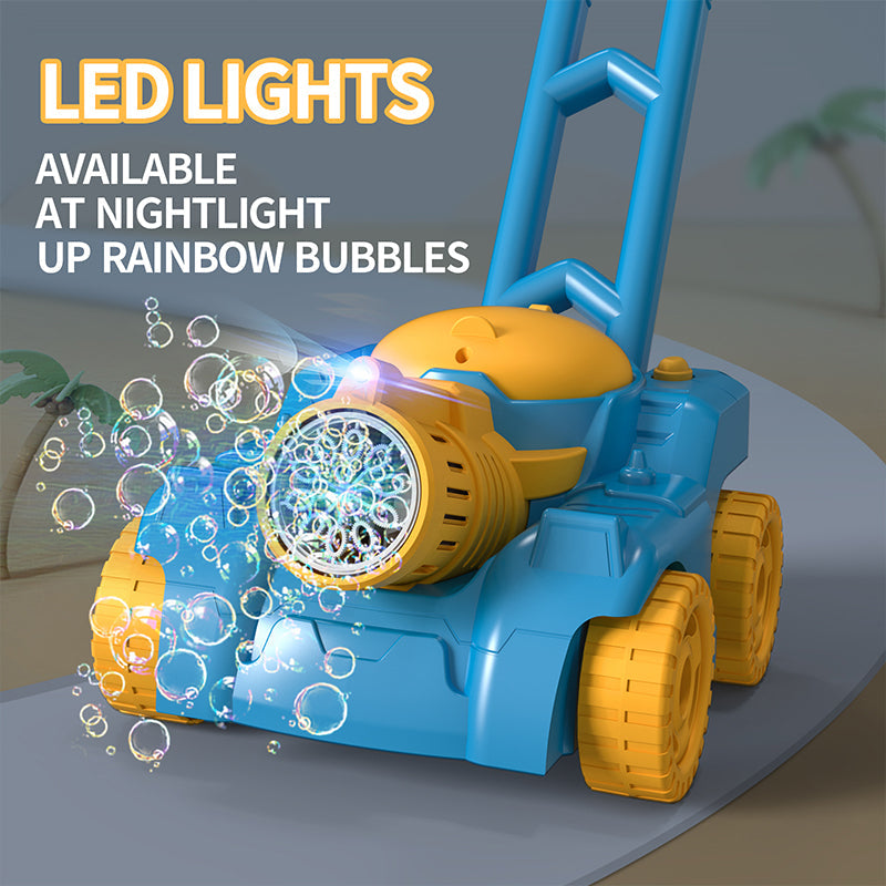 Blue and yellow bubble lawn mower with illuminated front lights releasing bubbles