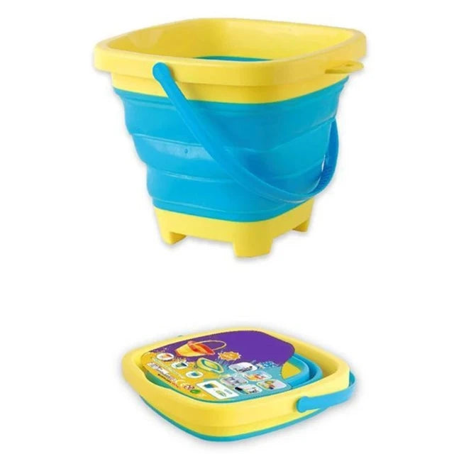 Blue beach bucket with yellow trim, shown expanded and folded flat