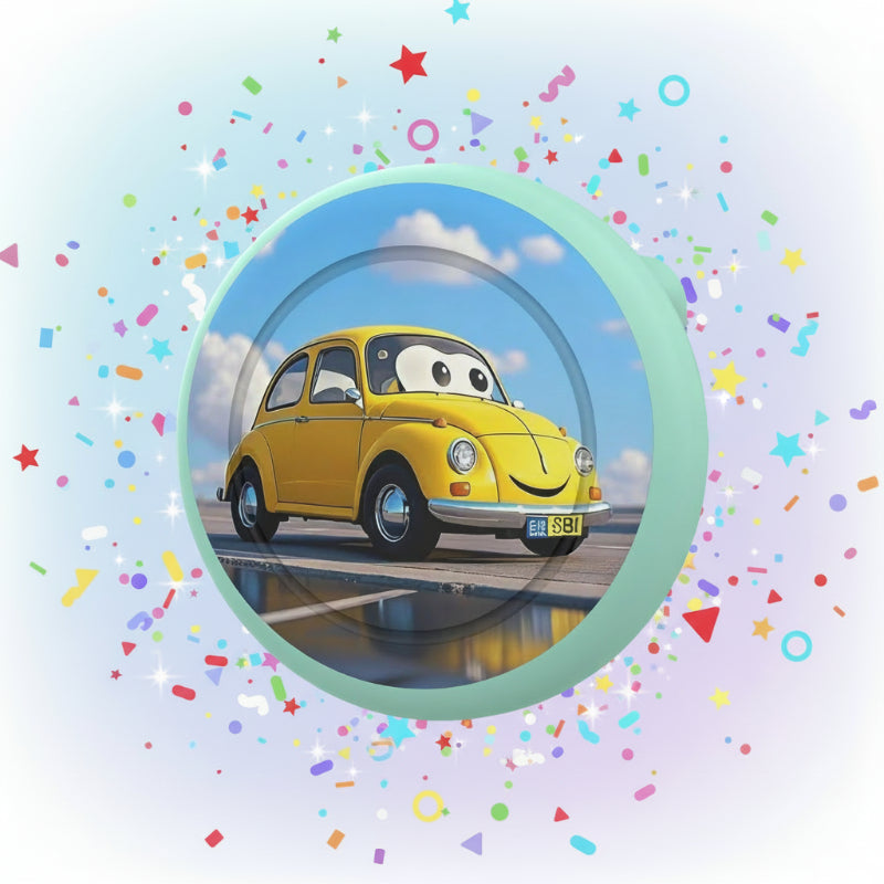 Light blue AirTag brooch case featuring a yellow cartoon car